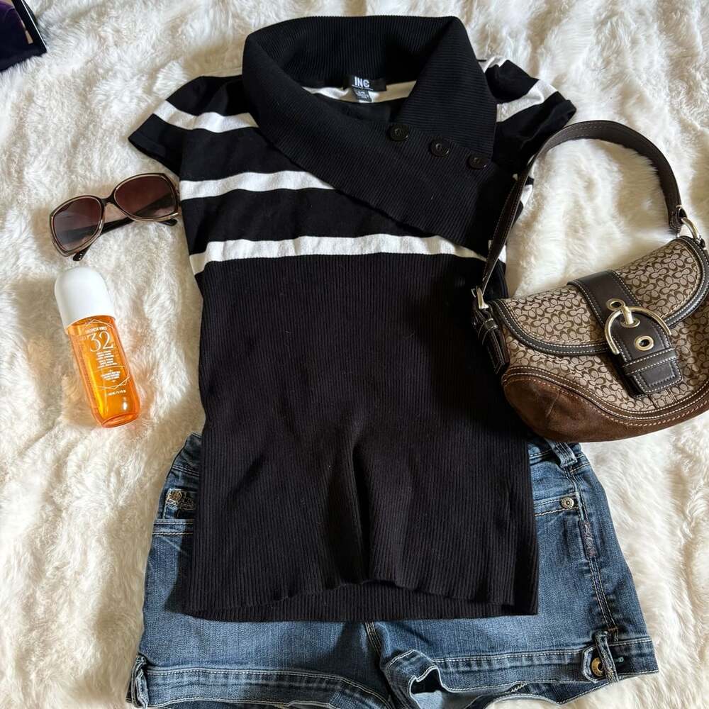 INC International Concepts Sweater Size L/G Black White Striped Top